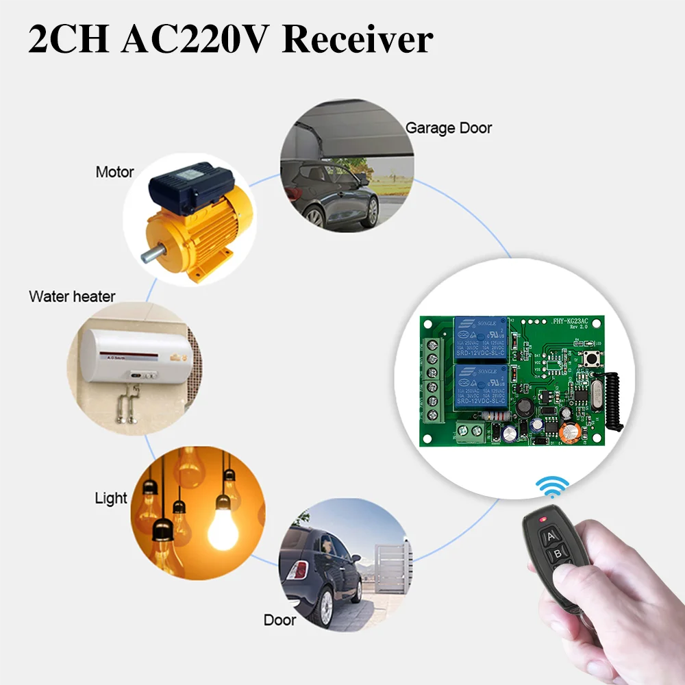 433 Mhz Wireless Remote Control AC220V 2CH Universal Rf Relay Receiver and Transmitter For Garage door and Gate Motor Control