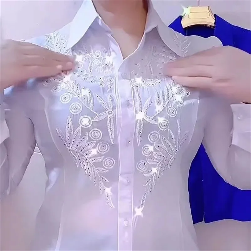 Long Sleeved Shirts For Women New High-End Temperament Design Embroidered Rhinestone White Shirt Spring Autumn Summer Blouse