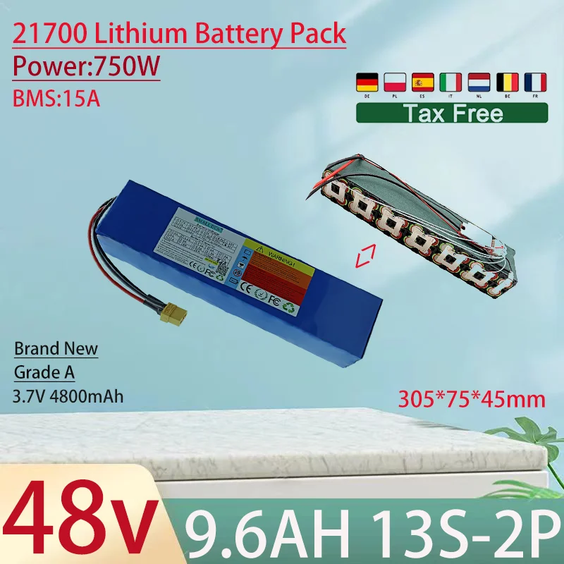 

48V 9.6Ah 21700 13S2P Lithium Ion Battery Pack 750W Power Tool Batteries Outdoor Backup Batteries With 15A BMS+54.6V 2A charger