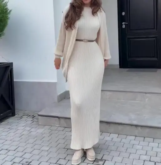 Autumn and Winter Elegant Women's Skirt Set Round Neck Long Sleeved Loose Jacket Tight Fitting Bodycon Dress Knitted Dress Set