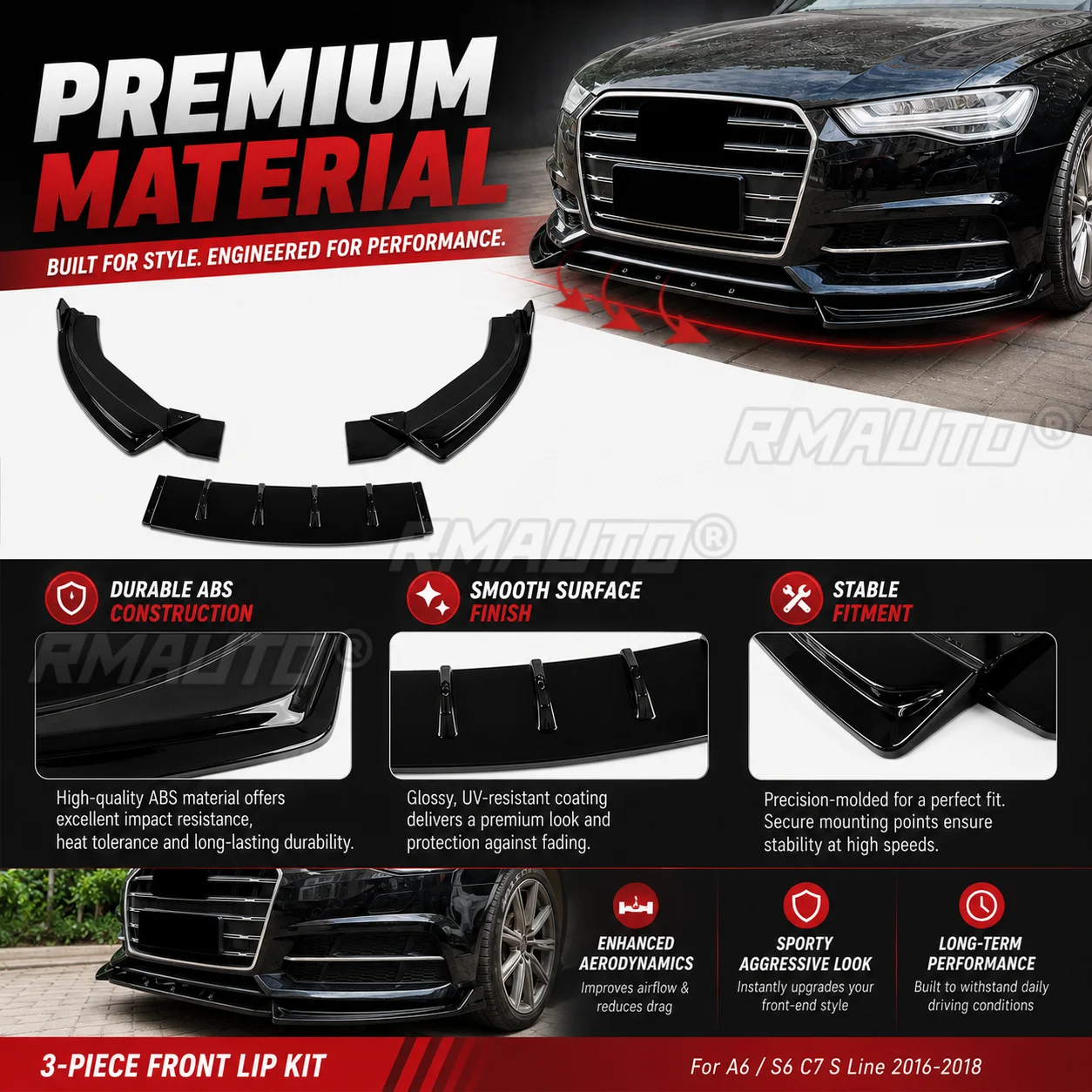 Front Bumper Lip Spoiler 3 Piece Splitter Kit Gloss Black Carbon Look For Audi A6 S6 C7 S Line 2016-2018 Car Accessories