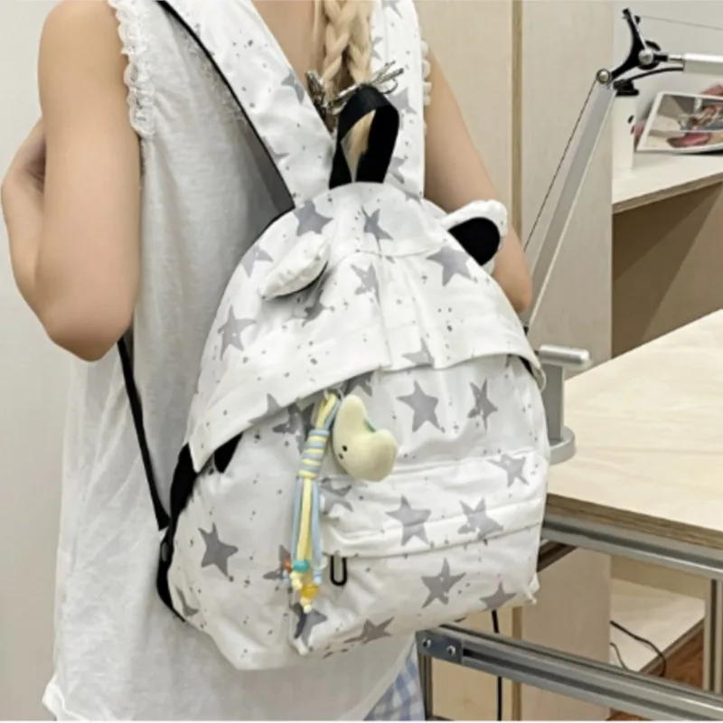 

Japanese Sweet Cute Cat Ear Backpack Women Star Print Large Capacity Daypack Ladies Travel Portable Harajuku Mochilas Mujer 2025