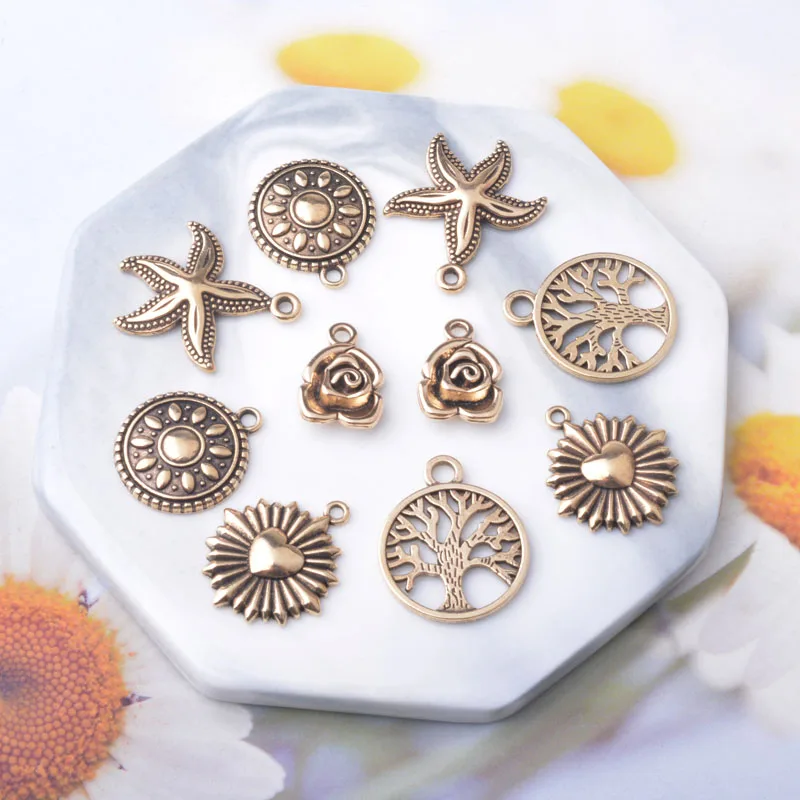 10 Stück/Set Ethnische Zinklegierung Baum des Lebens Anhänger Schmuckzubehör Boho Rose Seestern Anhänger DIY Damenohrringe – Detail 6