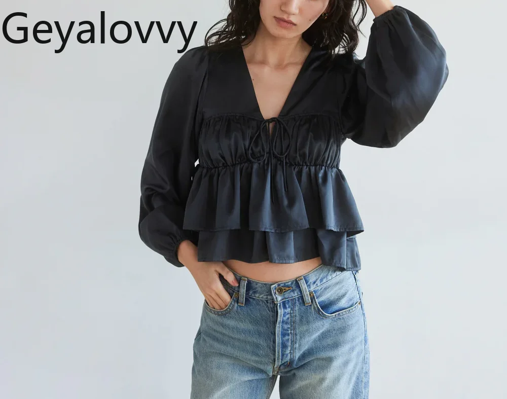اليابانية 2025 صيف جديد رقيقة مريحة الخامس الرقبة قميص الفتيات الحلو تنوعا بلوزة بلون مطوي كشكش حافة الدانتيل متابعة #6