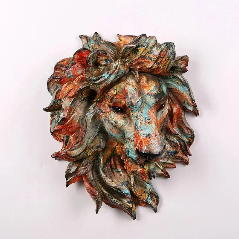 3D Animal Head Wall Hanging Decoration Lion Figurine Living Room Dog/Wolf/Tiger Sculpture Home Interior Decoration Resin Craft