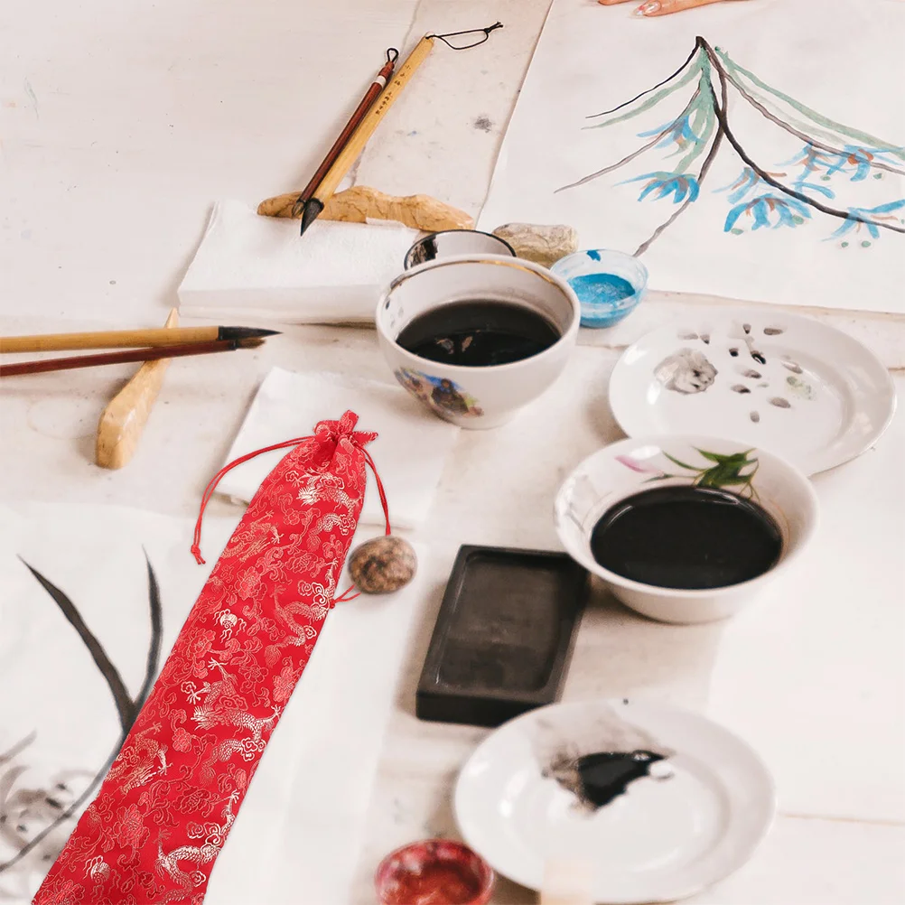 

2pcs Brocade Fabric Calligraphy Scroll Storage Bag Thickened Chinese Painting Organizer With Tassel Large Capacity For Hand Fan