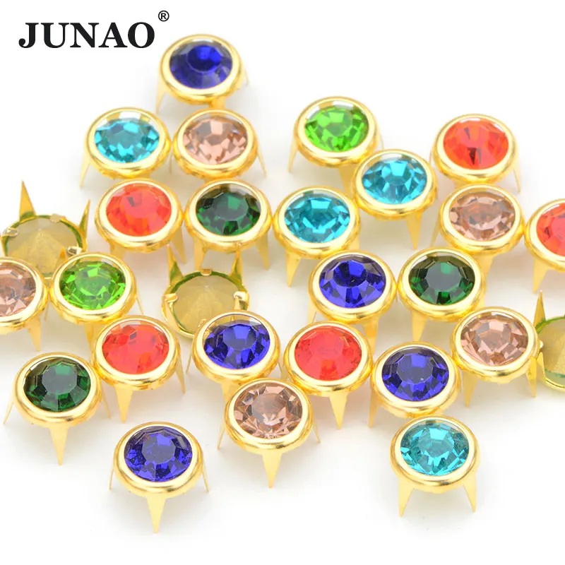 JUNAO 10mm 50pcs Mix Color Rhinestone Rivet Gold Brass Studs Metal Spikes Decoration Rivet For Leather Clothes Shoes DIY Crafts