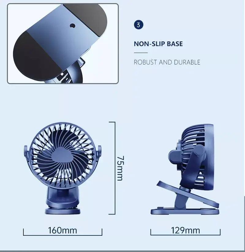 휴대용 USB 테이블 팬, 클립온 타입 충전 냉각 미니 책상 팬, 1200mah, 360 도 회전, 3 가지 속도 조절 가능한 클립온 팬