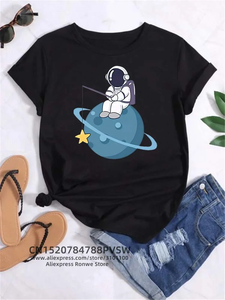 Moon Space Planet Print Tee Shirts Fashion Funy Casual Round Neck Short Sleeve Streetwear Female Clothes Vintage Tops