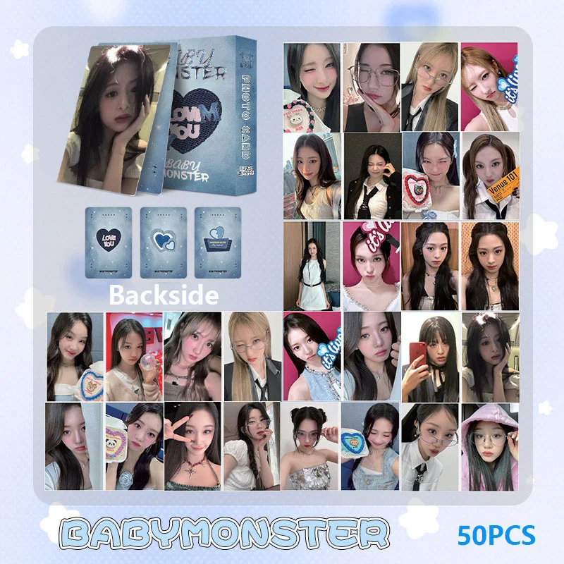 50Pcs KPOP BABYMONSTER Blue Sparkling Postcard Laser Lomo Card RUKA PHARITA RORA ASA AHYEON HARAM Photo Card  Fans Collects