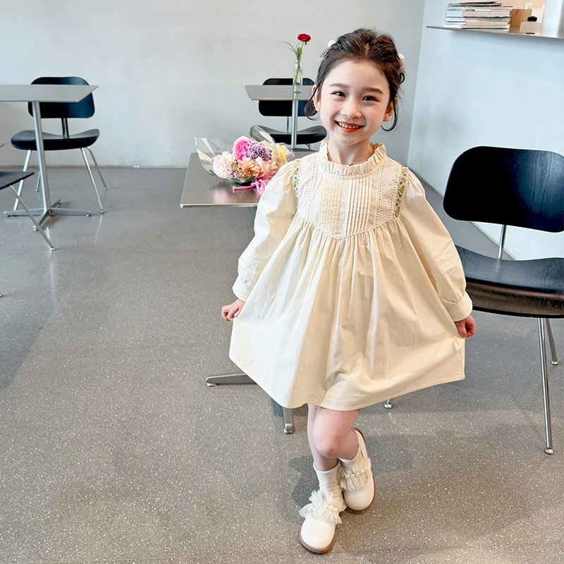 

2-8 Years Kids Clothing Spring Baby Girls Dress Floral Pleat Lace Long Sleeve Princess Dress Child Clothes Beach Vacation Dress