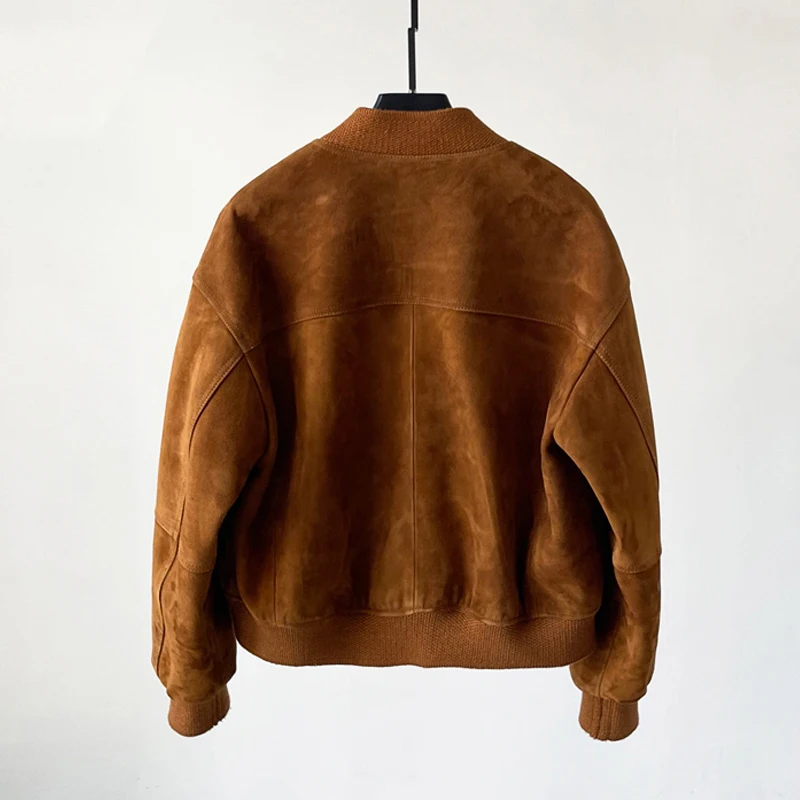 Giacca da baseball corta da donna in vera pelle al 100% Cappotti monopetto in pelle scamosciata Giacca in pelle di capra scamosciata importata di lusso