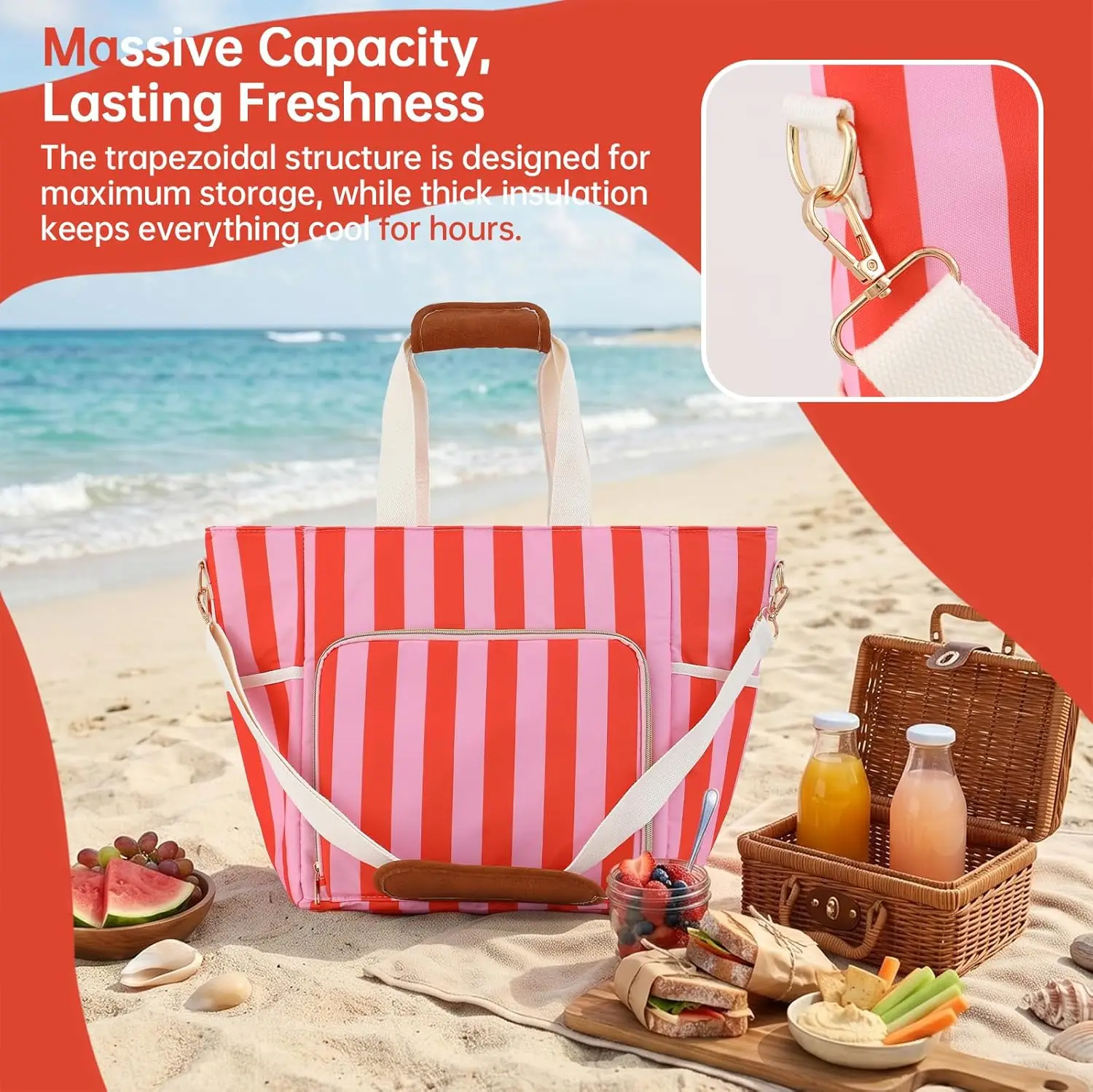FAMIGINA Striped Cooler Bag Insulated Wine Tote Bag In Pink Travel Grocery Shopping Lunch Portable Large Ice Coolers With Handle