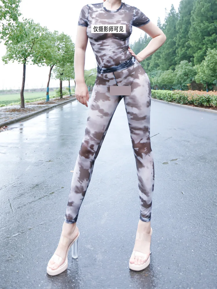 Pants Set Sports Tight Pants Camouflage Mesh Transparent Sexy Exercise Yoga Tie-dye Hot Sexy T Shrit 2023 Women Set Sweet J4SI