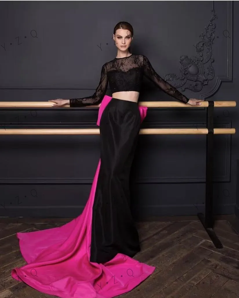 2-delige roze zwarte kleur formele kleding uitgesneden nieuwe couture strik damesjurken met mouwen op maat gemaakte lange galajurken illusies