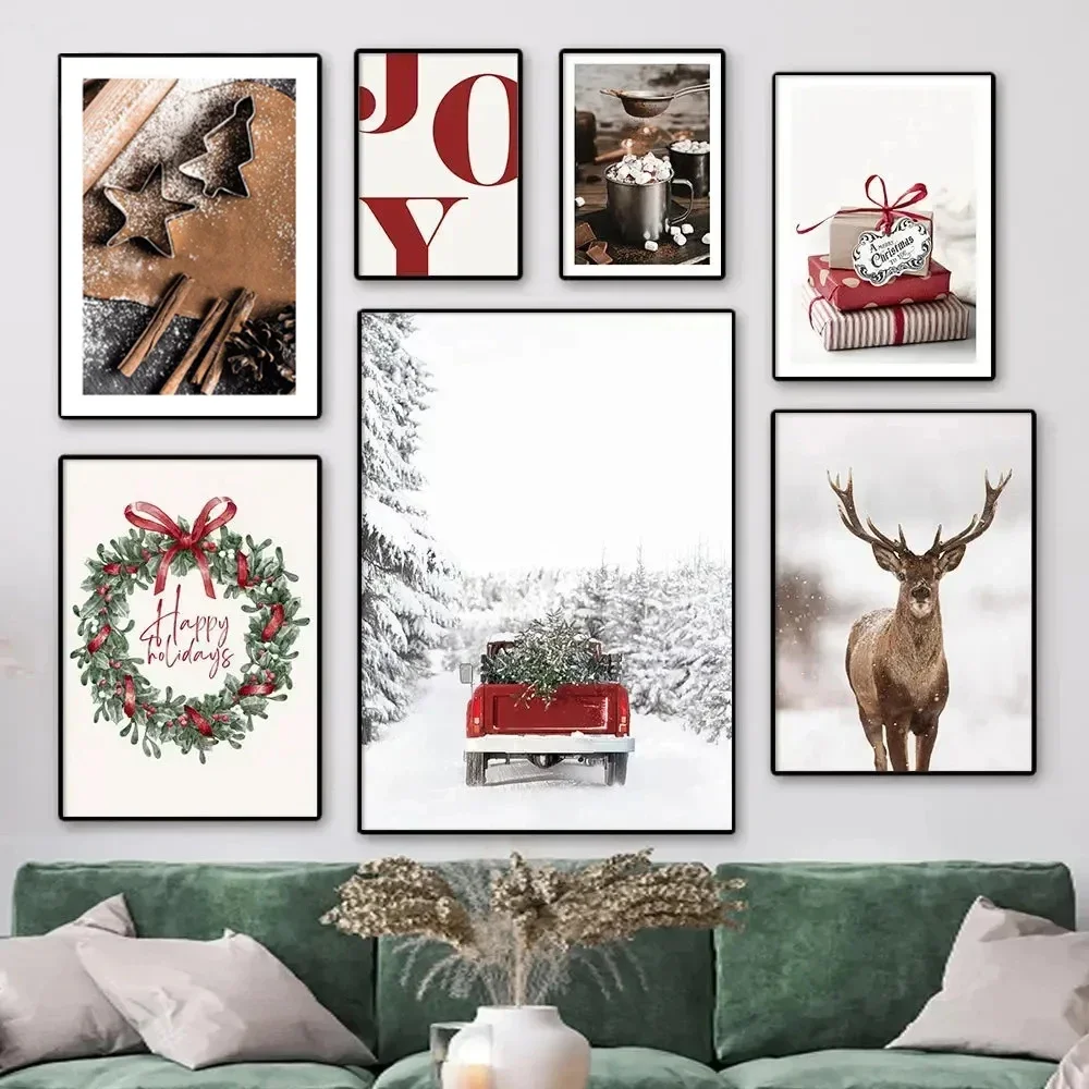 Wall Art Print Canvas Wall Picture Christmas Deer Snow Scene Squirrel Hazelnut Modern Living Room Home Decor
