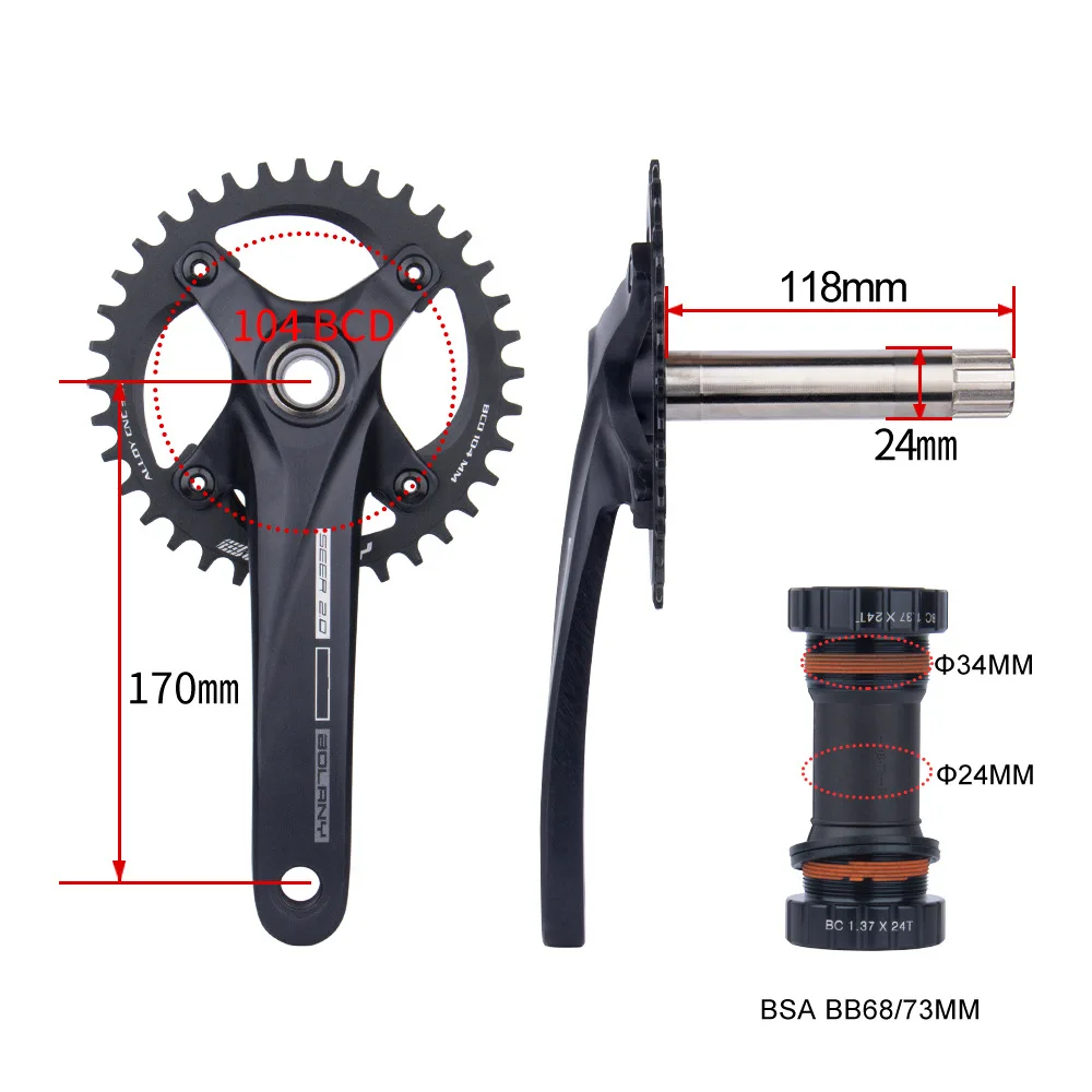 Fahrrad Kurbel 36T 22-36T 24-38T Bolany 104BCD Hohl Kurbel MTB Kurbel 170mm integrierte Kurbel Kettenblatt – Detail 12