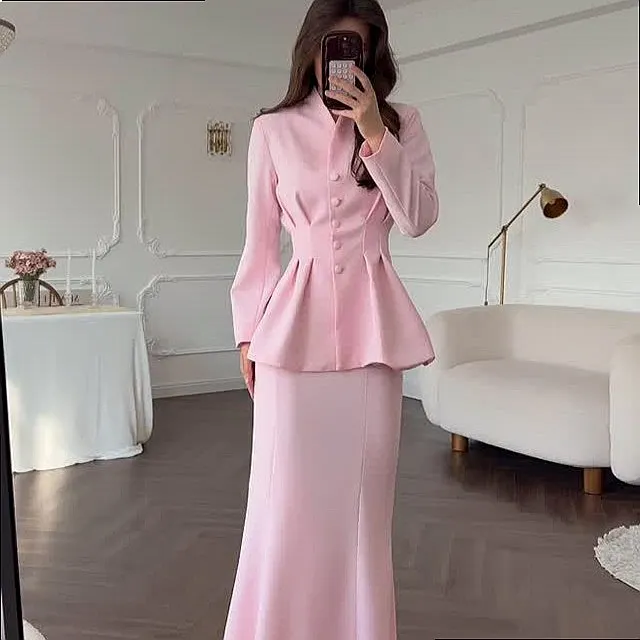 Spring Elegant Long Sleeve Blouse Top Long Skirt Matching Set Women Jumpsuit Playsuit