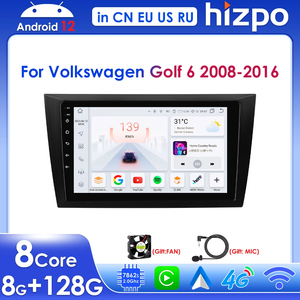 

Hizpo Carplay for VW Volkswagen Golf 6 2008-2016 Android 9" Car Radio Multimedia Video Player BT Stereo RDS 4G DSP GPS Navi 2din