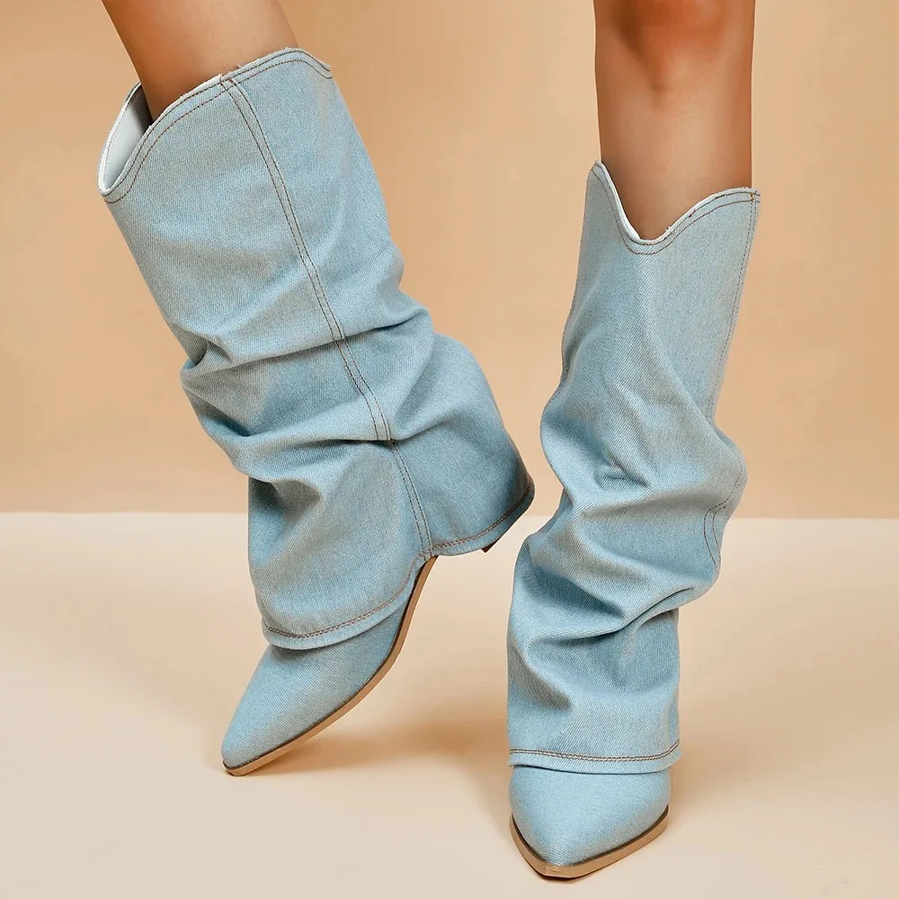 Pleated Knee High Boots for Women Pointed Toe Square Heels Cowboy Boots Woman Autumn Winter Denim Long Booties De Mujer