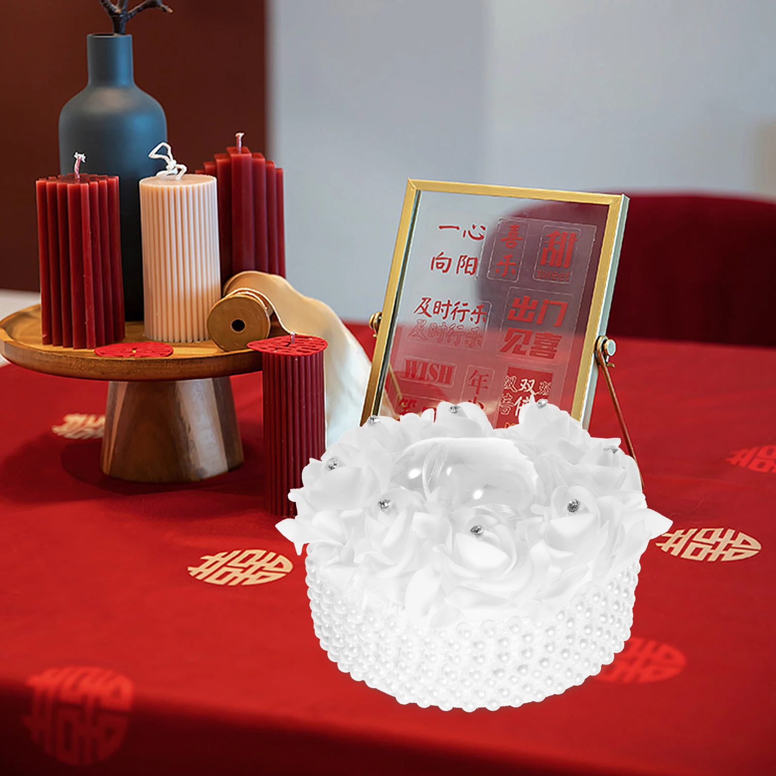 

1pc Pearl Rose Pillow Heart Ring Pillow Case Shaped Wedding Decor Case Soft Lace Material For Bridal Party Accessories