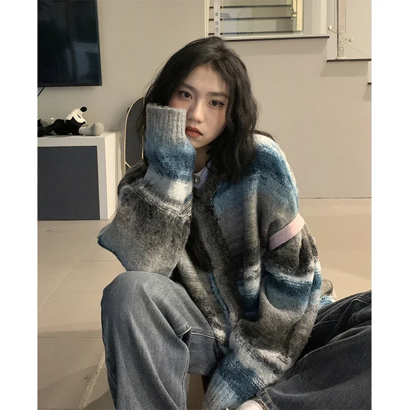 Vintage Striped Knitted Cardigan Women Streetwear Gradient Sweater Coat Harajuku Plus Size Knitwear Korean Patchwork Jumper Tops