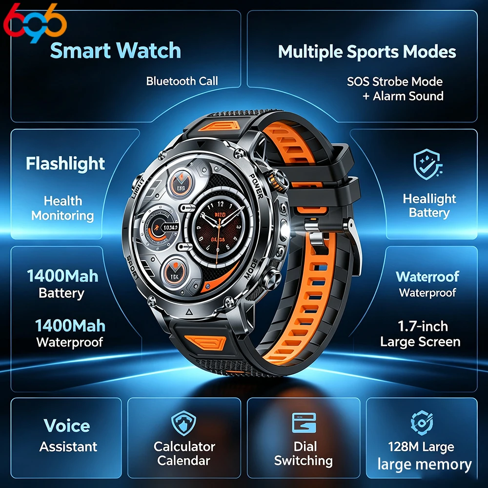 

Health Smartwatch SOS 1100mAh Battery BT Call Sports Bracelets Military Smart Watch Men Outdoor Flashlight Waterproof Heart Rate