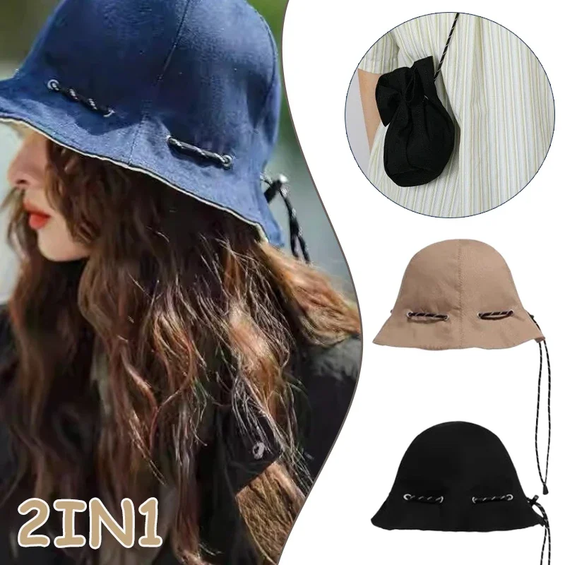 

Adjustable Sun Protection Fisherman Hat with Drawstring Design Basin Hat Can Be Slung Diagonally Folding Bag Outdoor Camping Hat