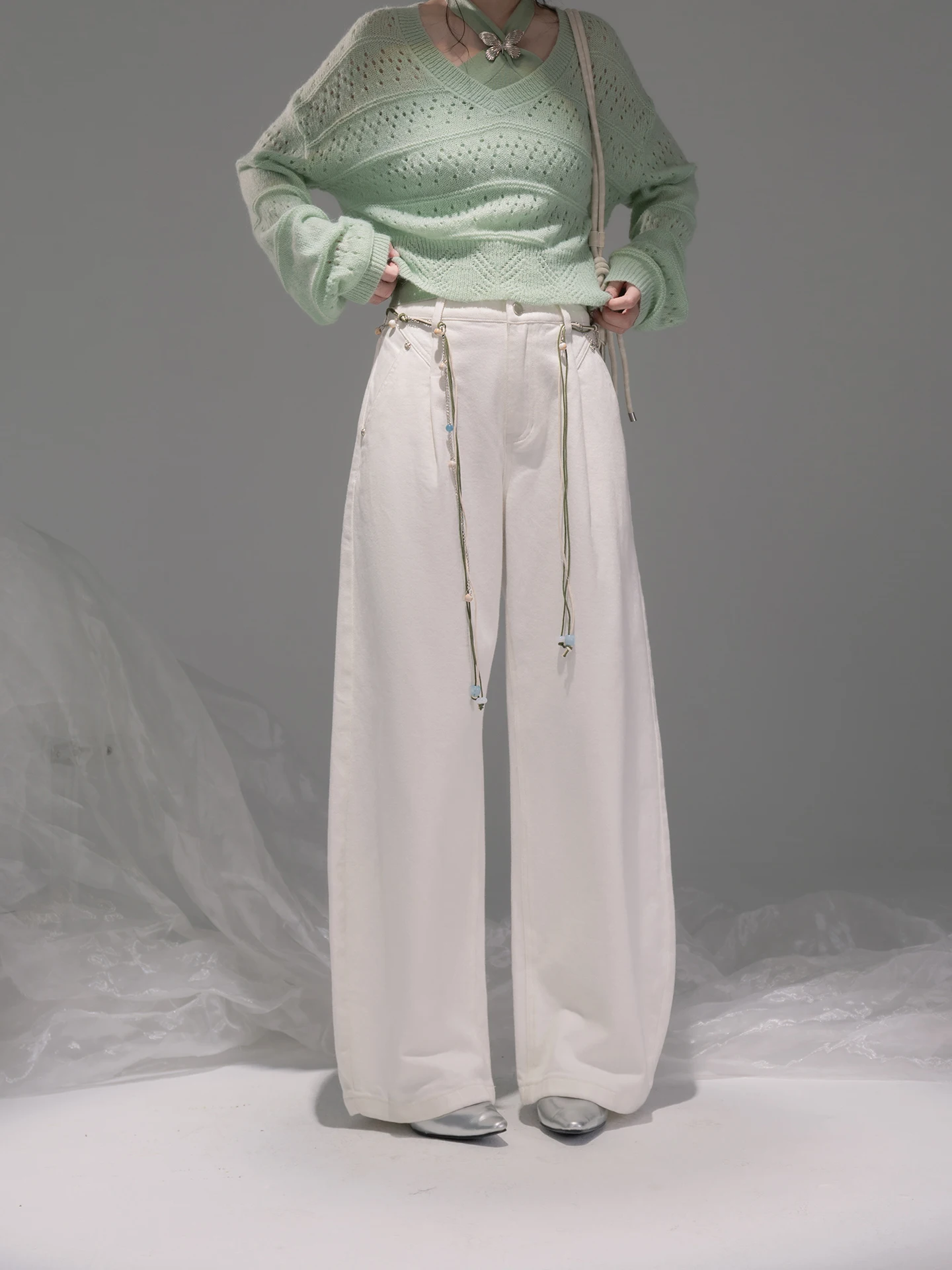 

COTRE Early Spring Good Fit Combination King Stone Pine White Lyocell Curved Knife Jeans Casual Sle l Waist Tie Belt