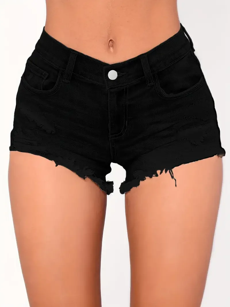 Women's Jeans, High-waisted Slim Denim Shorts, Raw Edge Pocket Ripped Denim Shorts