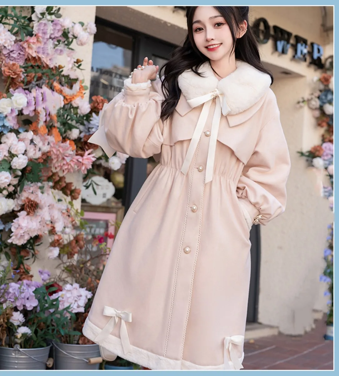 College Style Winter Warm Thicken Jk Uniform Lolita Solid Color Coat Plush Peter Pan Collar Pearls Button Ribbon Bowknot Coat