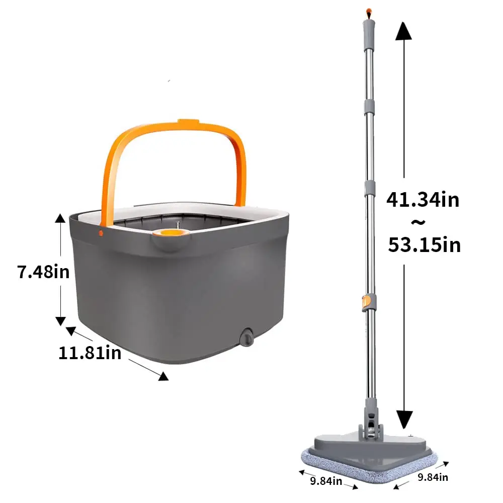 Spin mop and bucket set with self-separating dirty clean water system 360° rotating square mop head suitable for hardwood tile