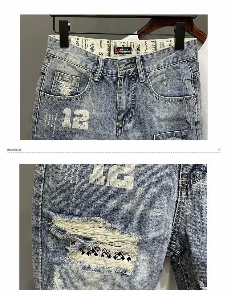 Men Summer Print Hole Torn Denim Shorts Korean Fashion Casual Five Piece Jeans Shorts