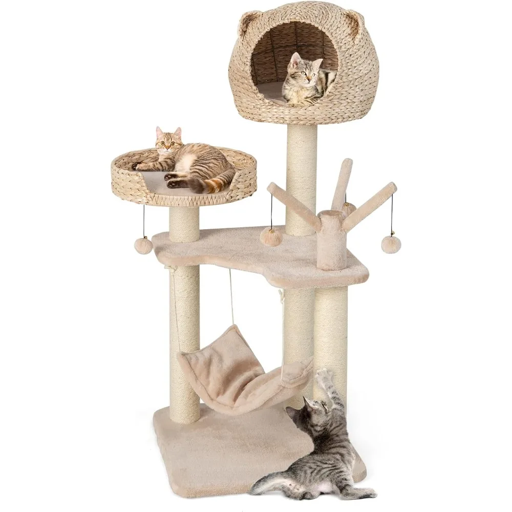 

Tangkula Modern Cat Tree Tower, Multi-Level Tall Activity Center with Natural Sisal Scratching Posts, Hammock, Hand-Made Cattail