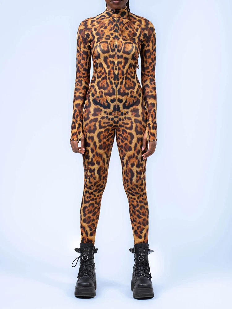 IOOTIANY Halloween Leopardenmuster Cosplay Damen Jumpsuit Tierthema Party Zentai Anzug Einzigartiger Morphsuit Festival Bodysuit Outfit – Detail 2