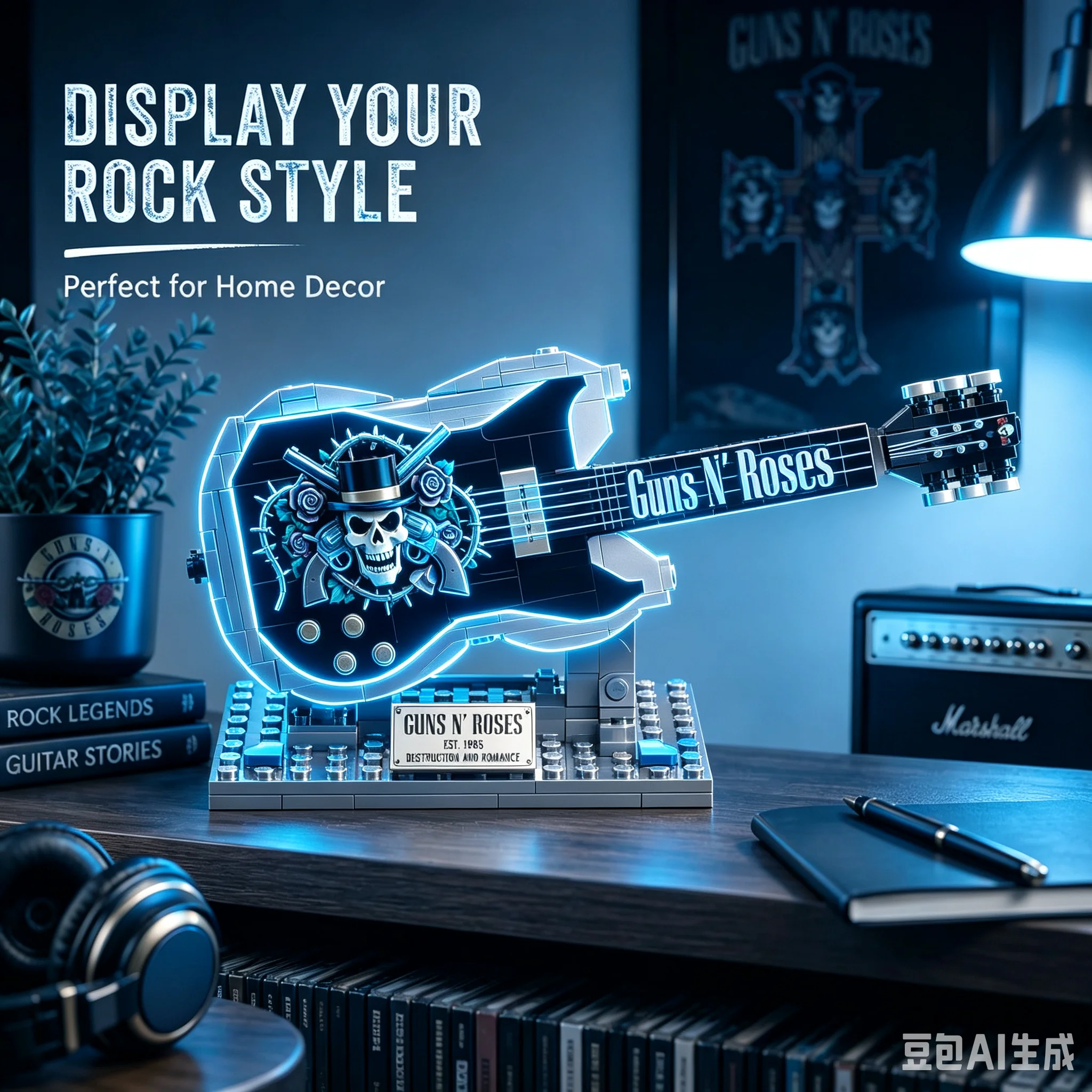 Rock Band Guns N' Roses Gitarren-Baustein-Modell Totenkopf-Rosen-Elektrogitarre Sammlerstück Deko-Ornament Geschenk