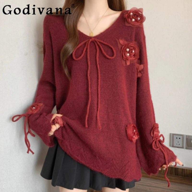 

Большой размер, уникальный трехмерный цветочный красный свитер для девочек, милый v-образный вырез, осенне-зимний свободный топ принцессы с длинными рукавами