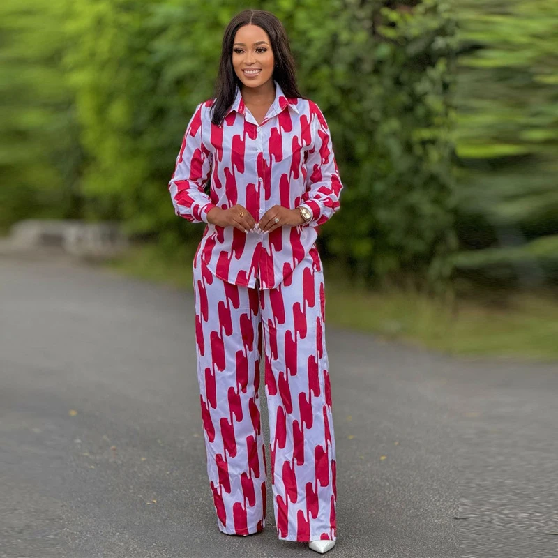 African Fashion Stripe Two Piece Set Women Spring Autumn Casual Button Long Sleeved Shirt Wide Leg Pants Two Piece Set Women