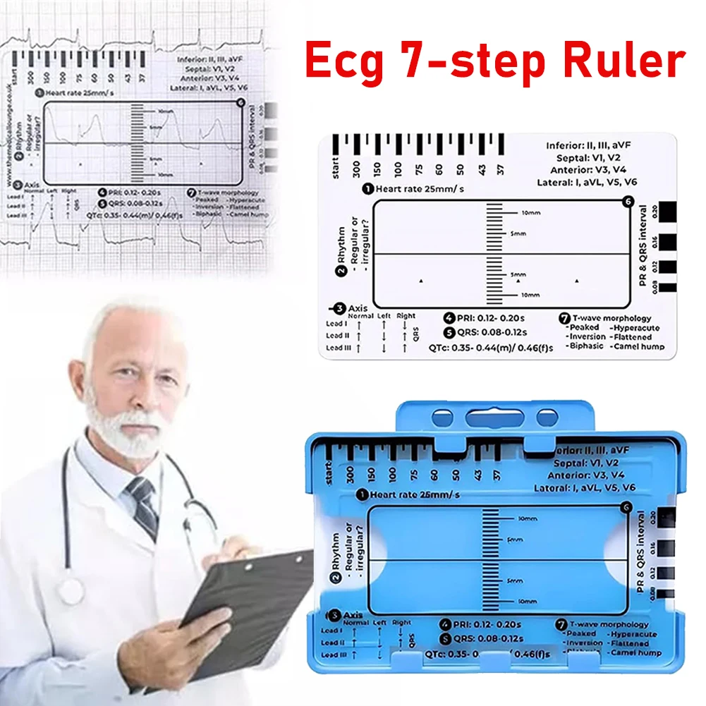 Ecg Regla de 7 pasos Ecg/ekg Tarjeta de regla de 7 pasos, calibrador portátil de bolsillo Ecg Ekg con herramienta de evaluación de funda protectora
