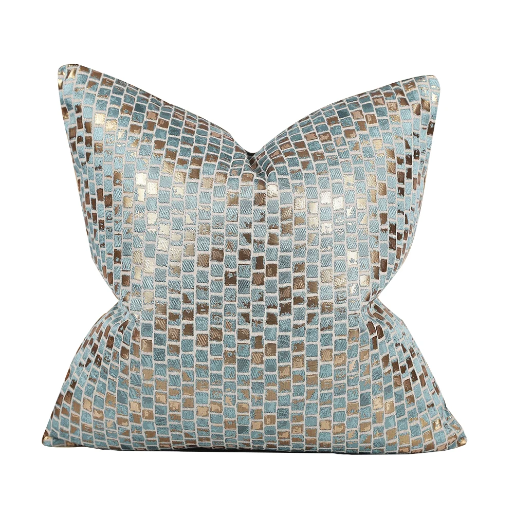 1pc Gold Cushion Cover Multicolor Jacquard Blue Plaid Luxury Pillowcases for Sofa Living Room