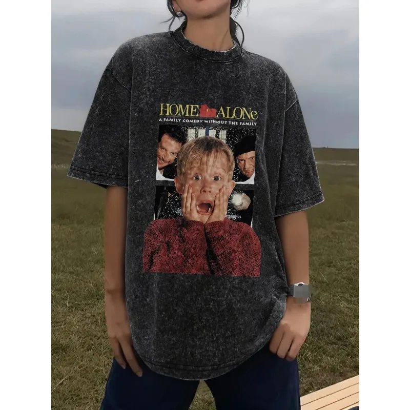 Świąteczny film Samotny w domu Damska koszulka graficzna Cztery pory roku Nowa koszulka z efektem sprania Nadaje się zarówno dla mężczyzn, jak i kobiet