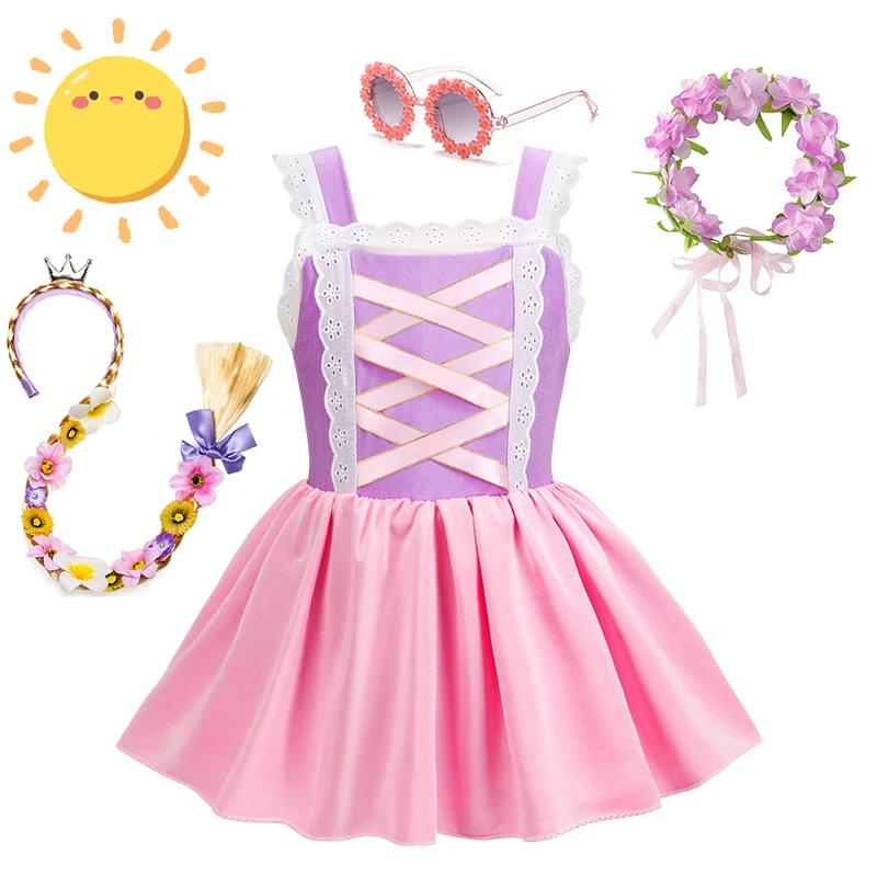 Traje de baño de verano para niñas, trajes de baño de una pieza para niñas, traje de baño de encaje rosa Rapunzel, traje de baño de playa para niños, traje de baño de princesa de 2 a 10 años