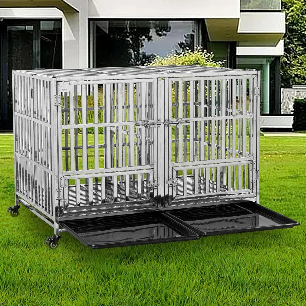 

48" Heavy Duty Dog Cage Foldable Stackable Stainless Steel Kennel Cage for Small Dogs with Floor Grid, Tray, Divider