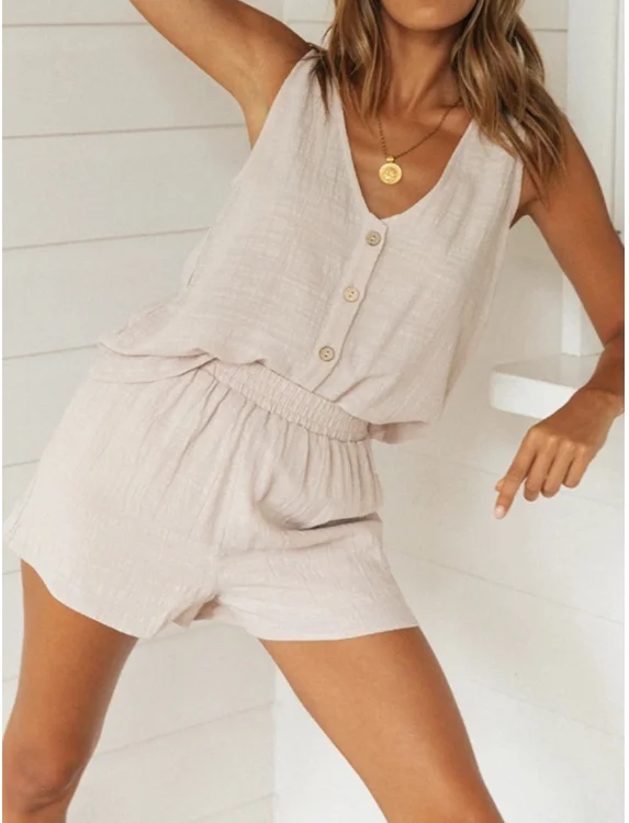 Fashion Loose Matching Set 2Pcs Summer Women Sleeveless Short Sets V Neck Blouse Casual Tank Tops And Shorts Beach Suit