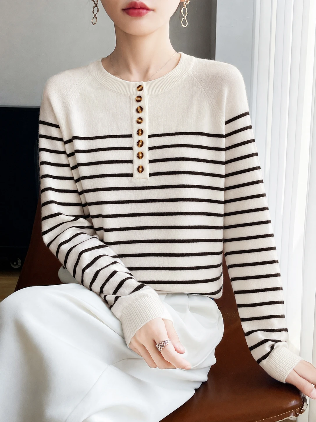 Autumn Winter Women Merino Wool Sweater Round Neck Button Placket Striped Loose Soft Long Sleeve Casual Daily Knit Pullover