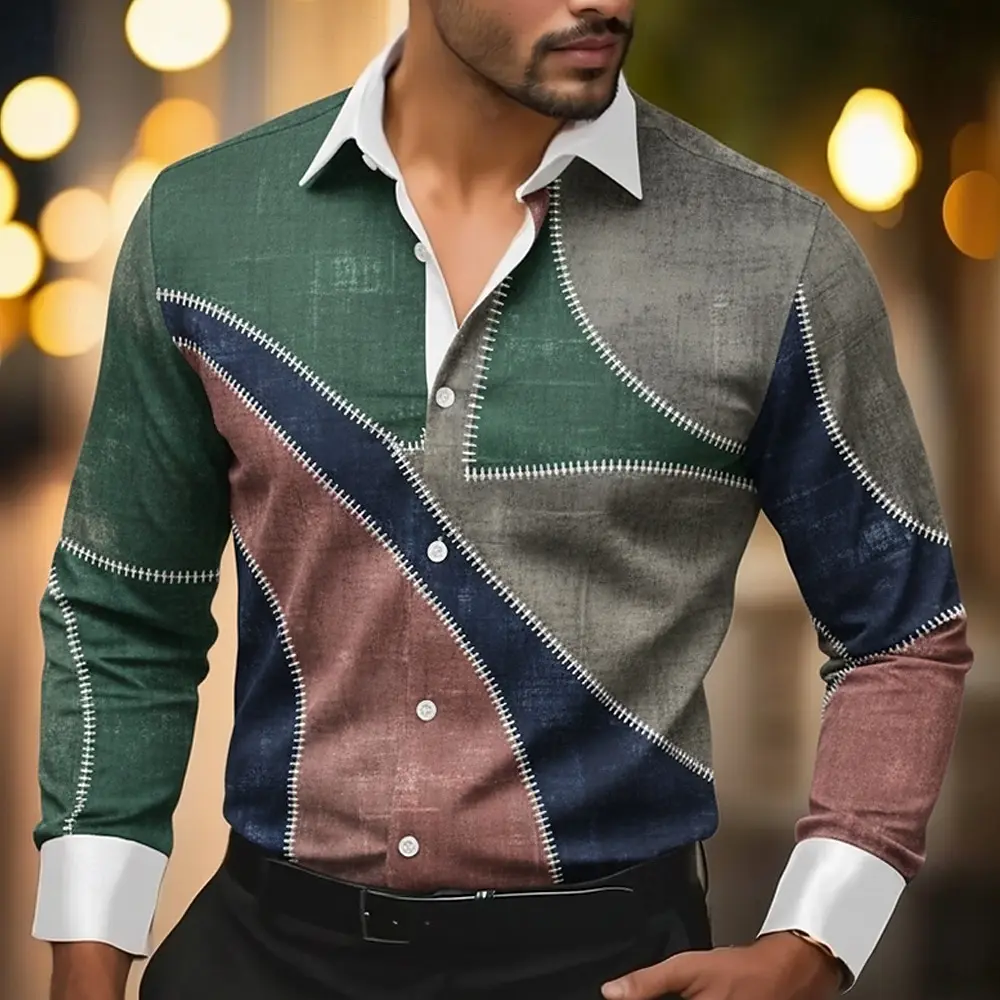 

Мужская рубашка в клетку в полоску с геометрическим воротником-стойкой, уличная уличная одежда с длинными рукавами и принтом, модная уличная дизайнерская повседневная одежда