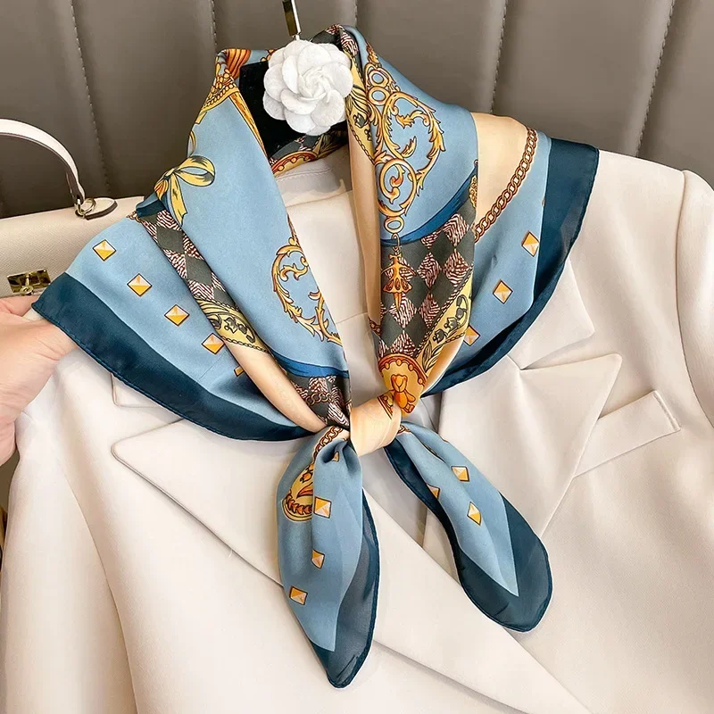 2024 Luxury Chain Print Silk Square Scarf Women Soft Satin Hairband Neckerchief Head Hijab Headband Foulard Bandna