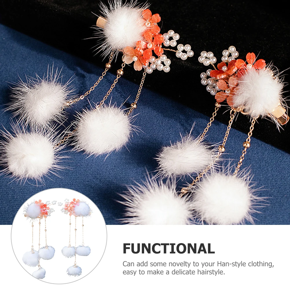 

1Pair Pom Pom Ball Tassel Hair Clips Chinese Hanfu Hairpins Versatile Girls Hair Accessories Party Barrettes Girls Hairpins