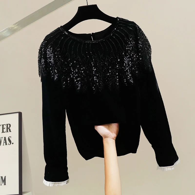 

Korean Sle Glitter Knit Sweater Heavy Embelliment Loose Long Sve Women's Faionable Versatile Casual Top Trendy