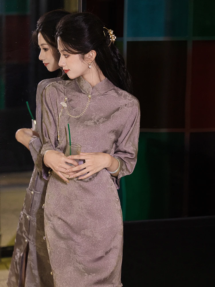 

Фиолетовое платье-ципао Ele Young Sle из осенней коллекции: винтажный стиль, улучшенный дизайн, женское модное ретро-платье А-силуэта